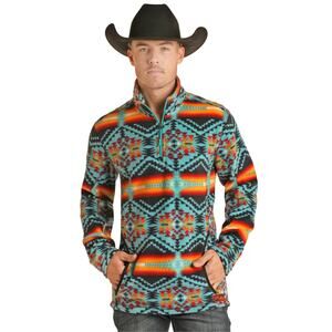 Powder River Outfitters Aztec Teal Fleece Pullover Men's SZ SMALL Quarter Zip